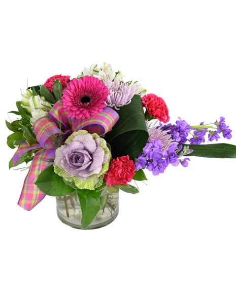 pink and purple asymmetrical flower arrangement