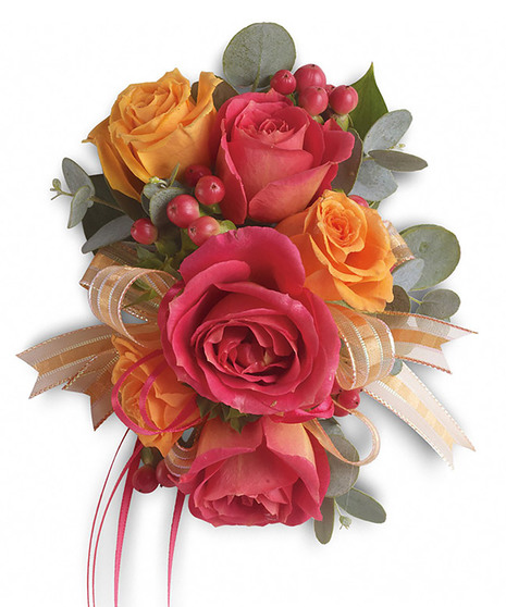 Wristlet created with orange and pink roses